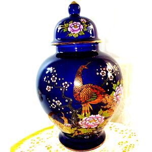 Vintage Japanese Cobalt Blue Porcelain Ginger Jar Peacock and Floral Design